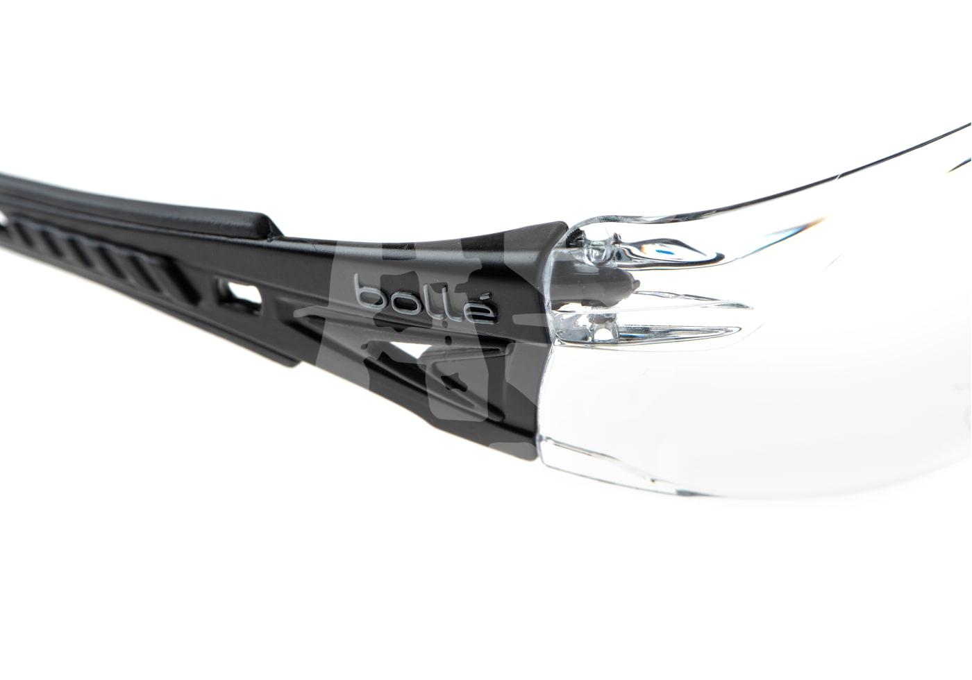 Klar Sichtschutzbrille mit schwarzem Rahmen, seitlicher Detailansicht.