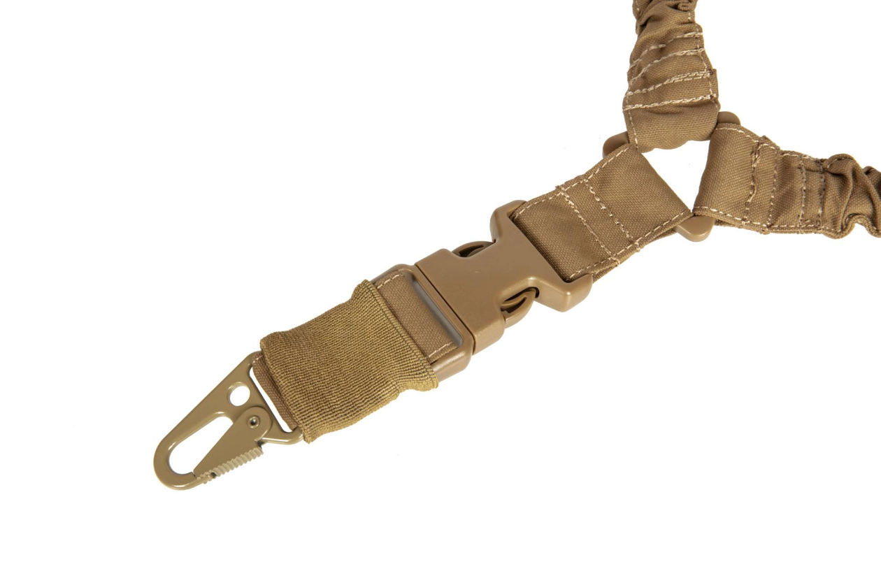 Brauner Sling mit Karabinerhaken und Clip, ideal für Airsoft-Ausrüstung.
