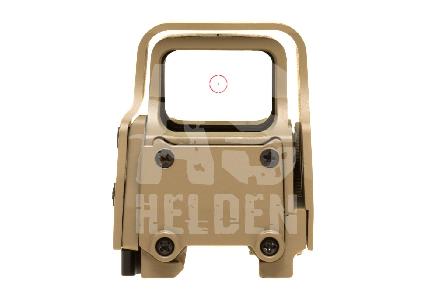 XPS 2-0 Red Dot Taktisches Airsoft-Visier in Tan, mit rot beleuchtetem Fadenkreuz. Ideal für präzises Zielen im Airsoft-Spiel.