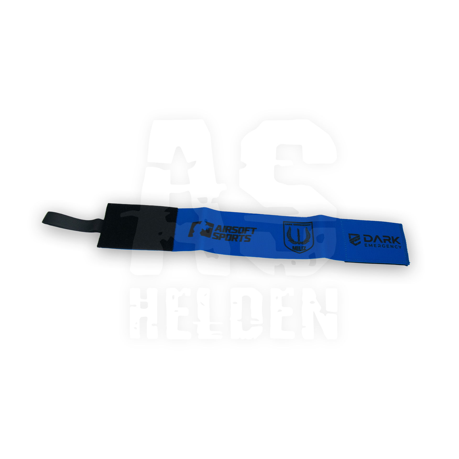 Blaues Armband mit "Airsoft Sports" und "Dark Emergency" Logos, für Airsoft-Events.