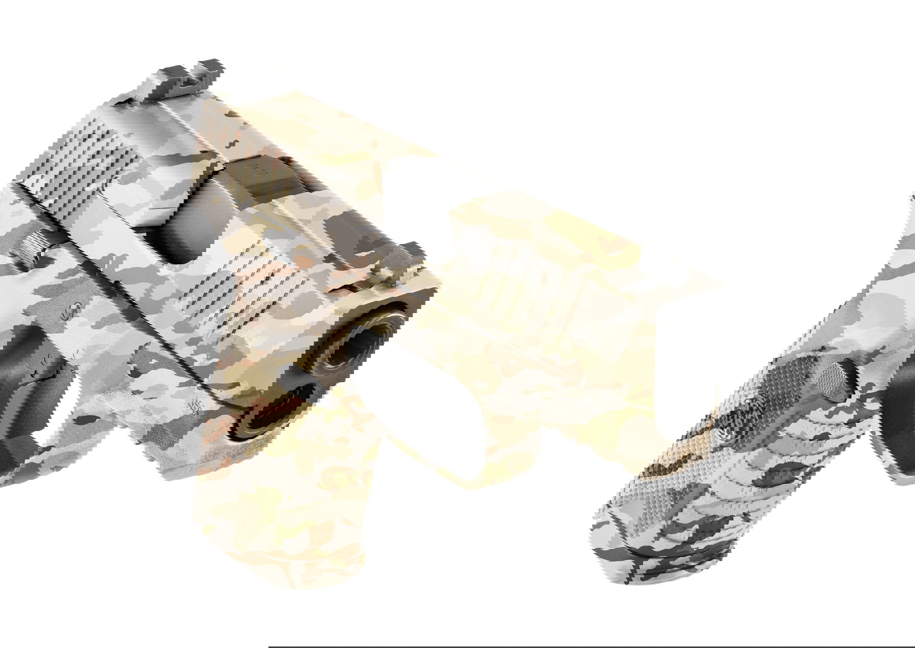 Tarnfarbene Airsoft-Pistole im Desert-Camo-Design, Vorderansicht schräg von rechts.