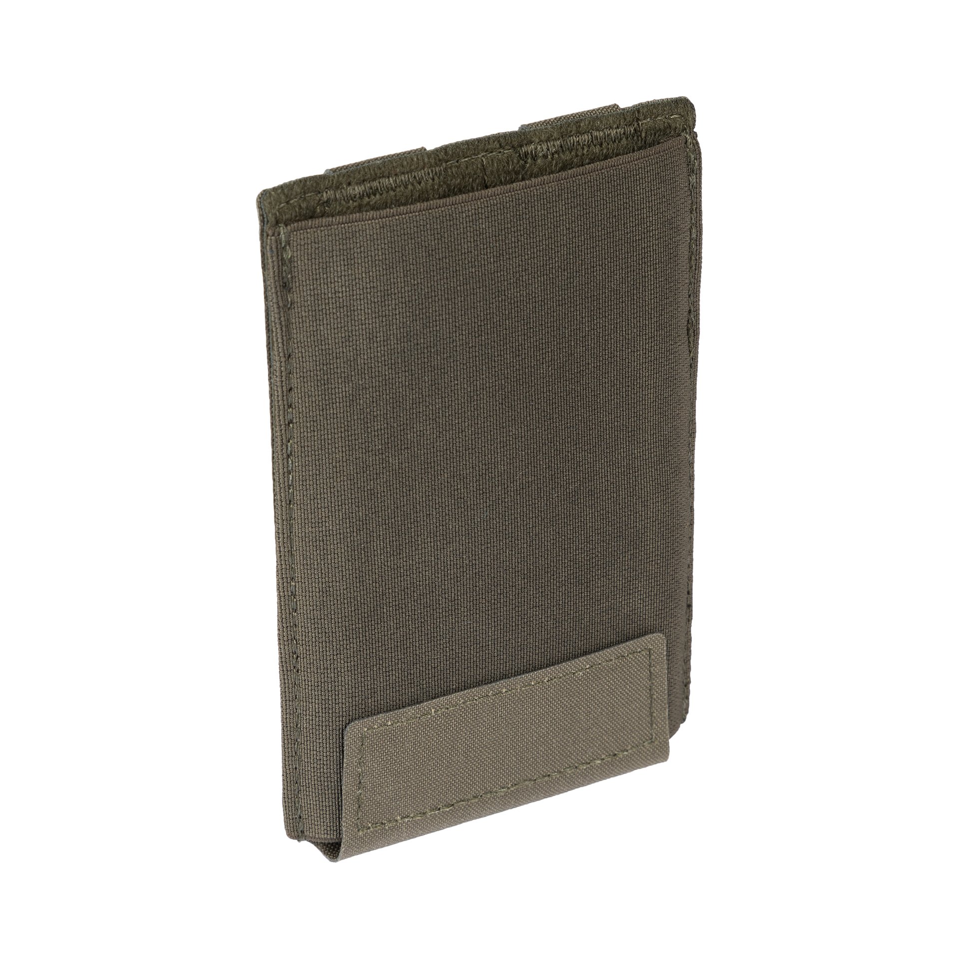 Olivefarbenes Airsoft-Magazintasche aus strapazierfähigem Material mit Klettverschluss.