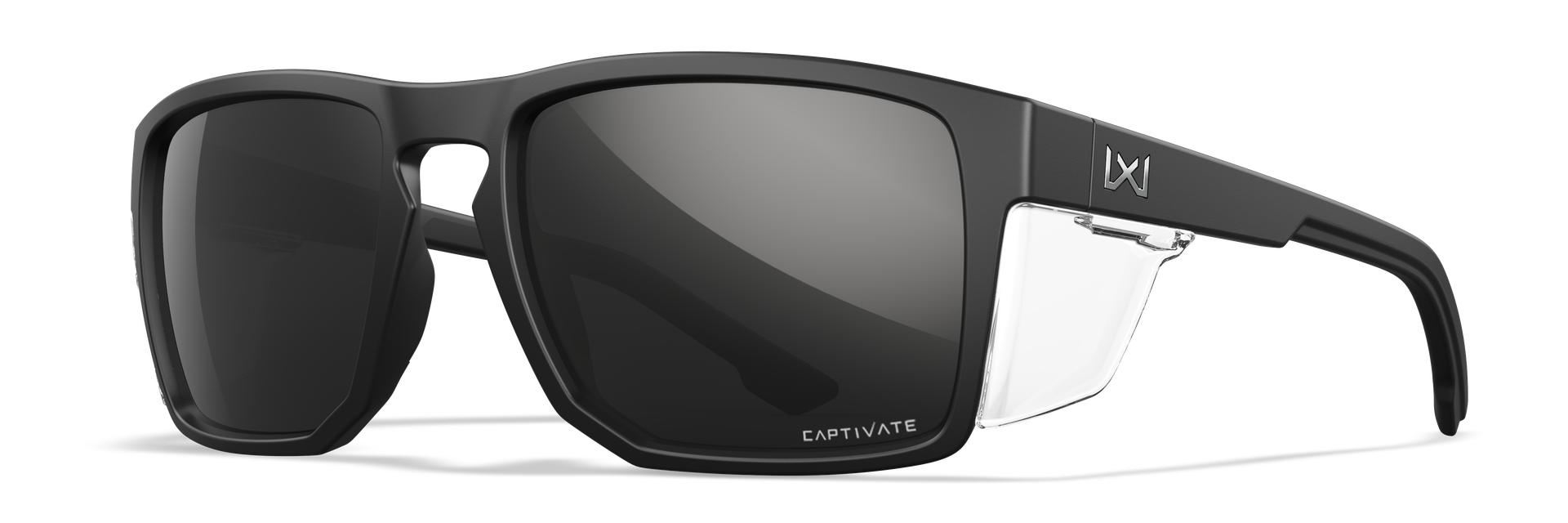 Schwarze Schutzbrille mit polarisierten Gläsern und Seitenschutz; aus Kunststoff für Airsoft.