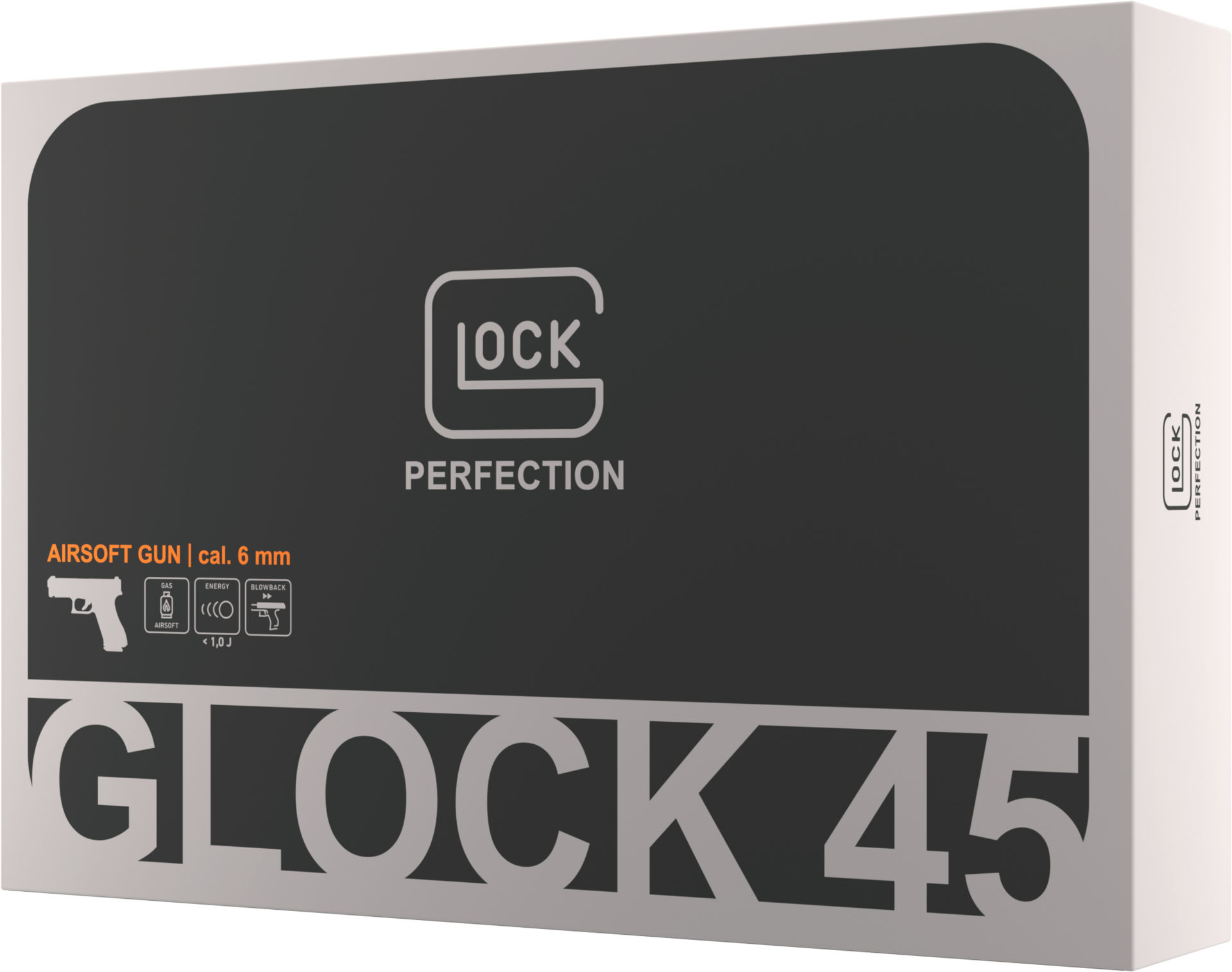 Glock 45 Airsoft-Pistolenverpackung, Kaliber 6 mm, Abbildungen von Details und Logos.