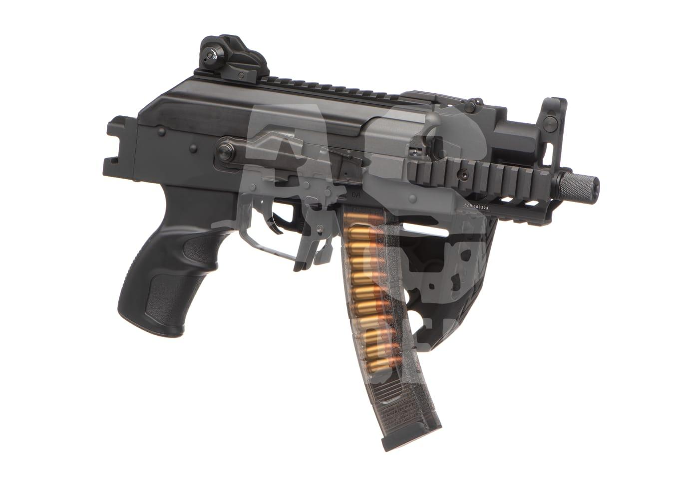 Kompakte Airsoft-Maschinenpistole mit durchsichtigem Magazin, ergonomischem Griff und taktischer Schiene.