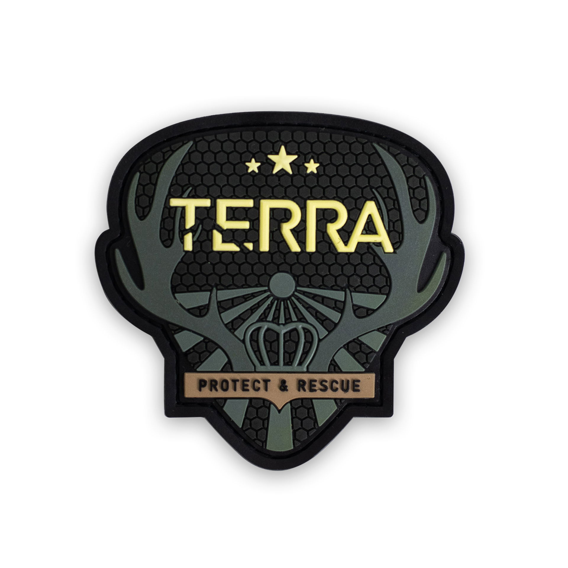 Abzeichen mit "TERRA", Geweihmotiv, drei Sternen und "Protect & Rescue"-Schriftzug auf schwarzem Hintergrund.