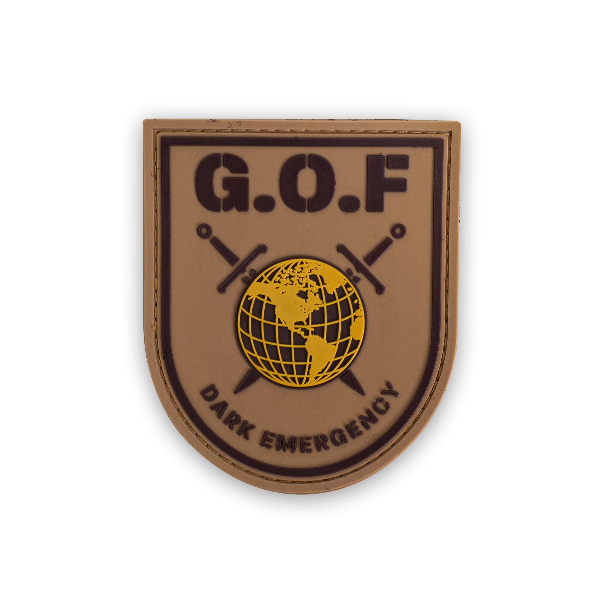 Braunes Airsoft-Patch mit "G.O.F" und Weltkugel, zwei Schwerter; Text "Dark Emergency".