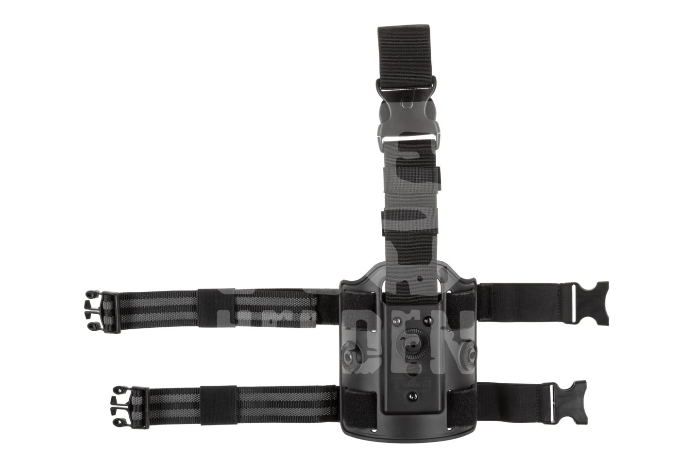 Schwarzes Oberschenkel-Universalholster mit verstellbaren Riemen und Schnellverschlüssen für Airsoft.