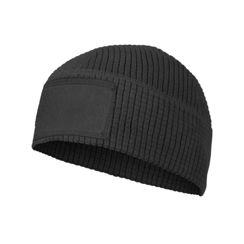 Schwarze taktische Mütze aus Rippenstrick mit Klettfläche für Patches.