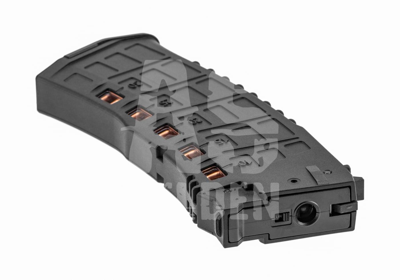 Magazin GK12 Midcap 120rds Airsoft-Magazin in Schwarz, schräg liegend, mit sichtbaren Patronen-Attrappen.