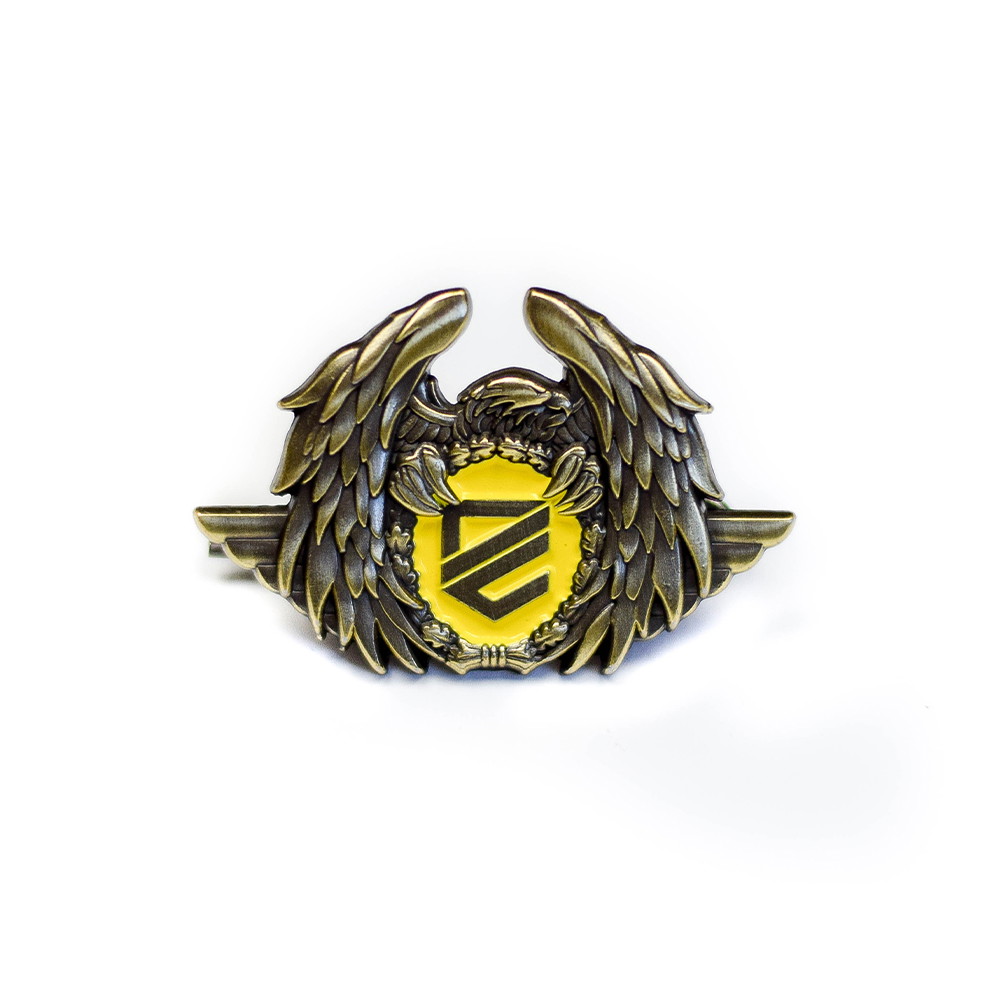 Bronzefarbenes Abzeichen mit Flügeln, gelbem Emblem in der Mitte.