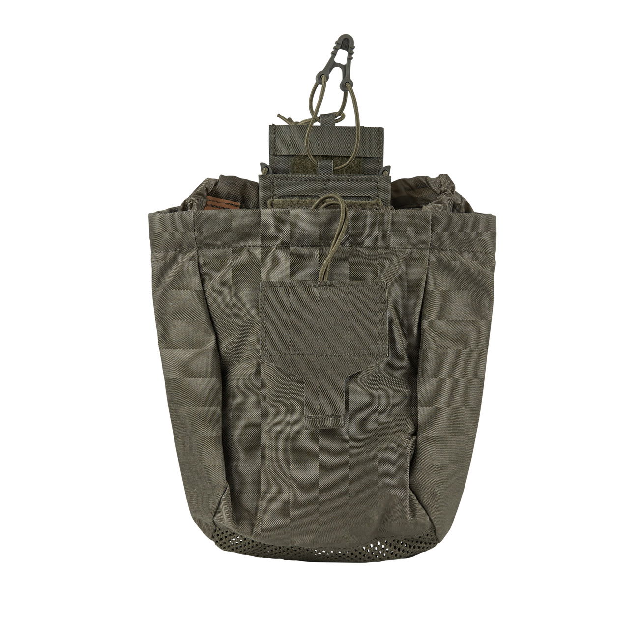 Olivegrüne Airsoft-Dump Pouch mit Kordelzug und Befestigungshaken, ideal für leere Magazine.