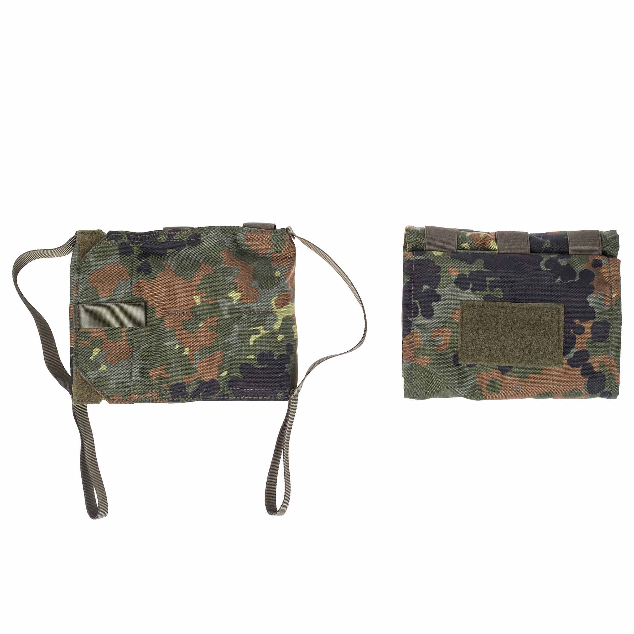 Zwei Tarnmuster-Airsoft-Schultertaschen mit Riemen und Klettverschluss.