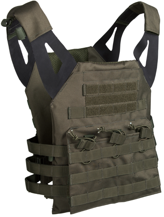 Olivegrüne Airsoft-Taktikweste mit modularen Taschen und Klettflächen.