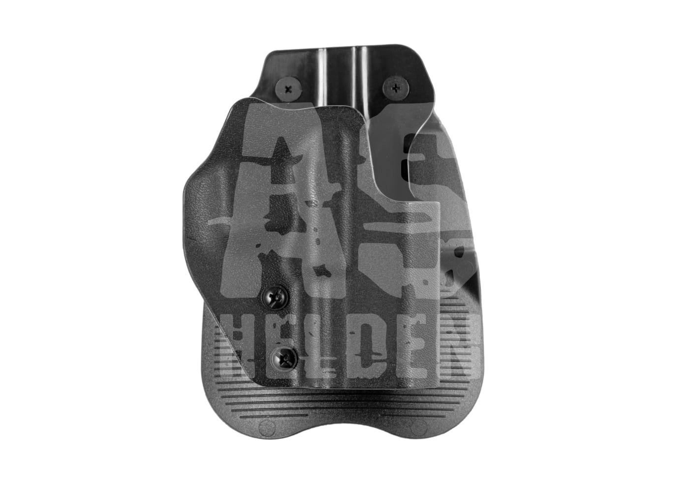 Schwarzes Airsoft-Holster, robustes Design, für sicheren Halt der Waffe, mit Logo-Aufdruck.