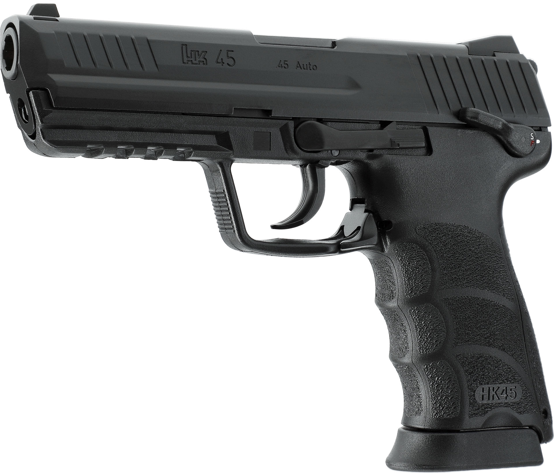 Schwarze Airsoft-Pistole, Modell HK 45, seitliche Ansicht mit sichtbarem Abzugsbügel und ergonomischem Griff.