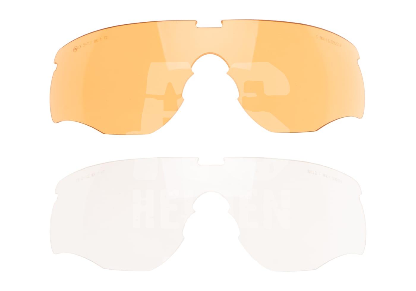 Zwei Wechselgläser für Schutzbrillen, in orange und transparent, für Airsoft-Spiele.