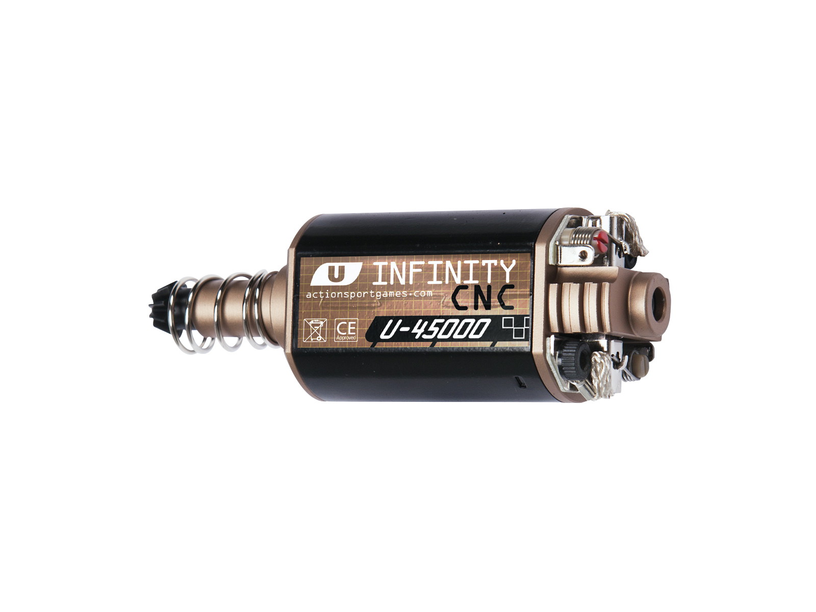 Airsoft Motor U-45000 Infinity CNC, schwarz-gold, für ASG-Waffen, mit Feder und Anschlüssen.