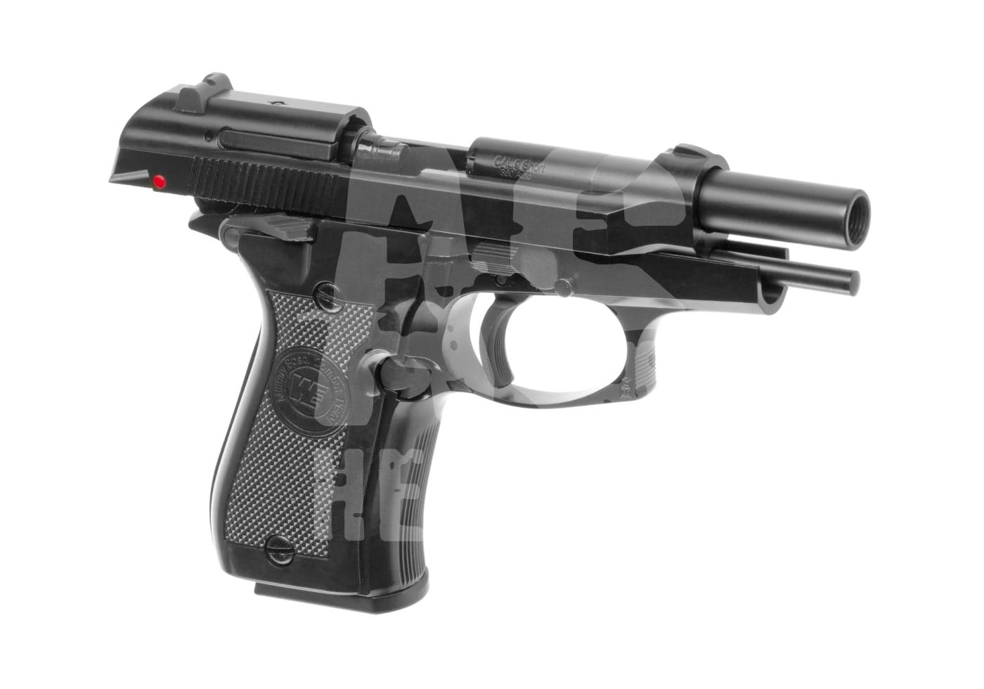 Schwarze Airsoft-Pistole mit strukturiertem Griff und rotem Indikatorpunkt, seitliche Ansicht.