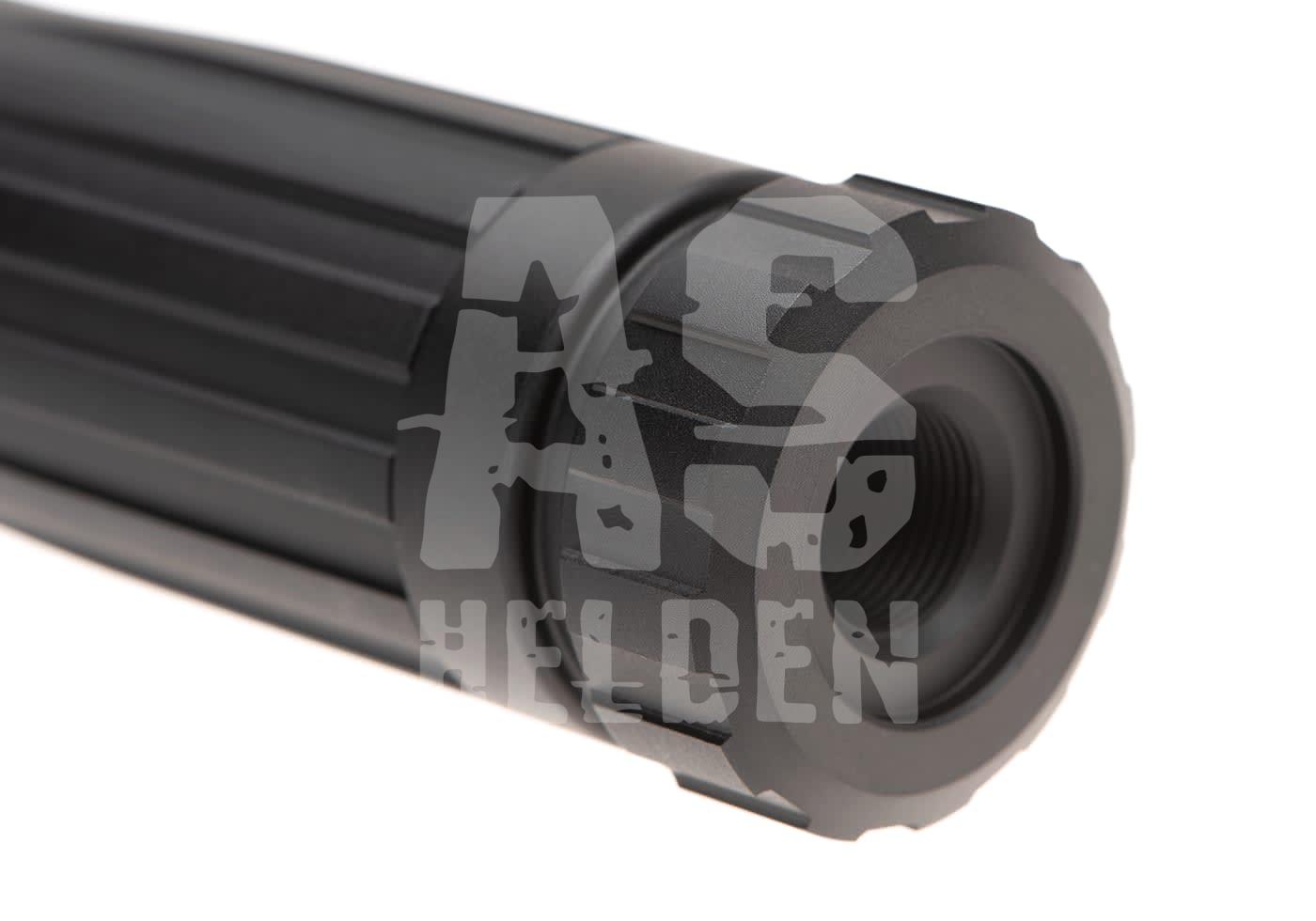 Schwarzer Airsoft-Schalldämpfer mit geriffeltem Design, Nahaufnahme.