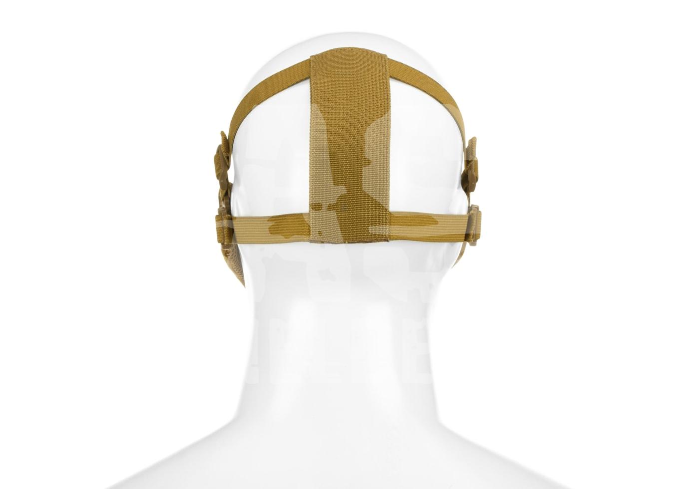 Rückansicht eines mannequin head mit beige-gemusterten Airsoft-Kopfband mit Verstellriemen.