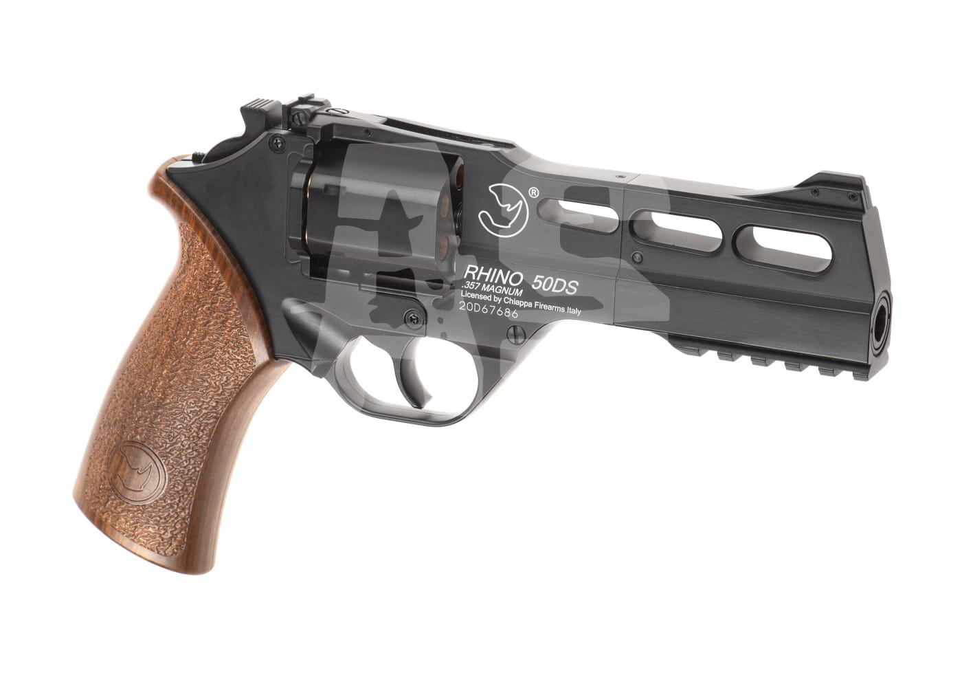 Rhino 50DS Co2 Revolver - ab 18 Jahren Airsoft-Revolver Rhino 50DS, schwarzes Gehäuse, brauner Griff, Kaliber .357 Magnum, mit Lüftungsschlitzen.