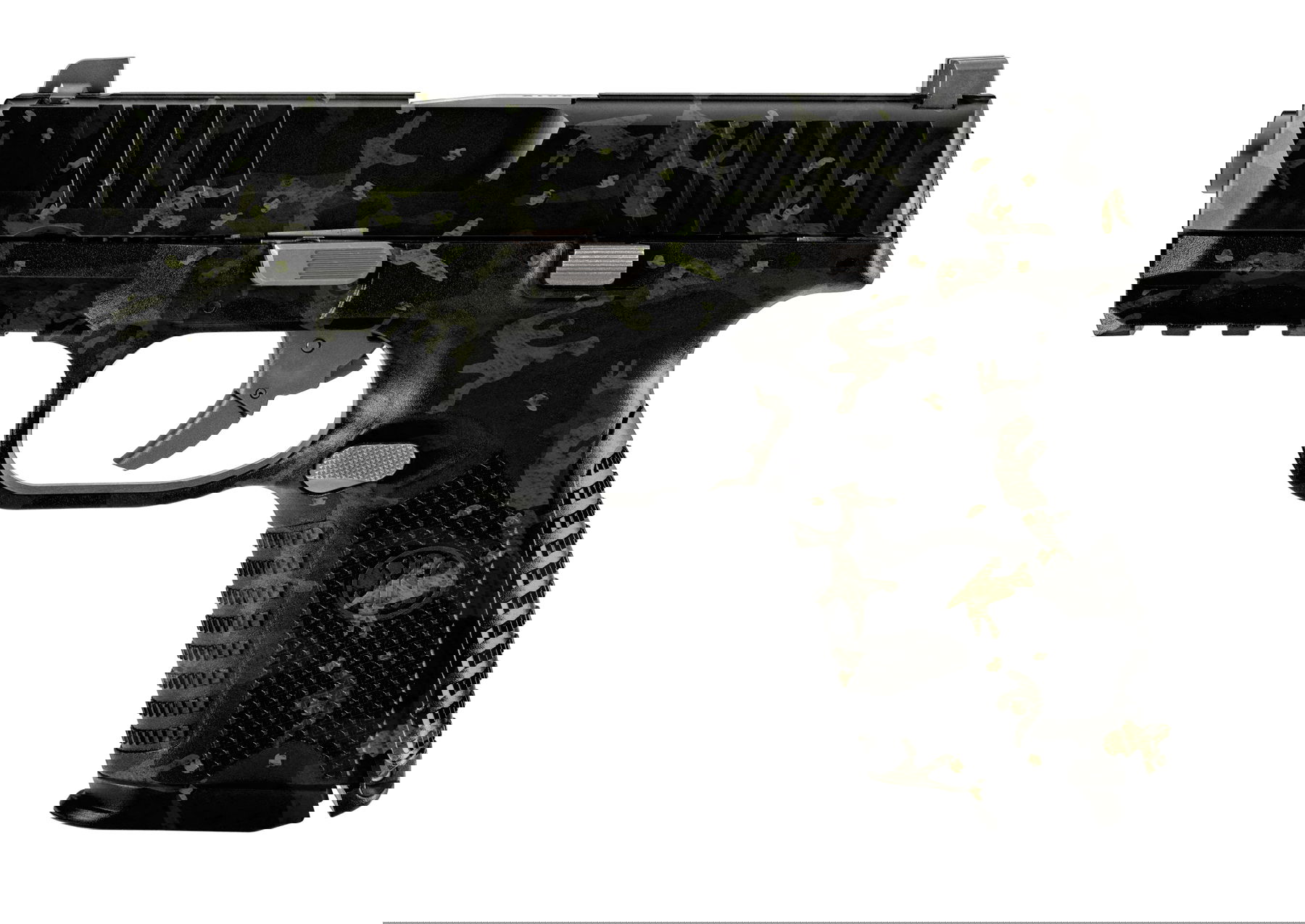 Airsoft-Pistole mit grün-schwarzem Tarnmuster, seitliche Ansicht.