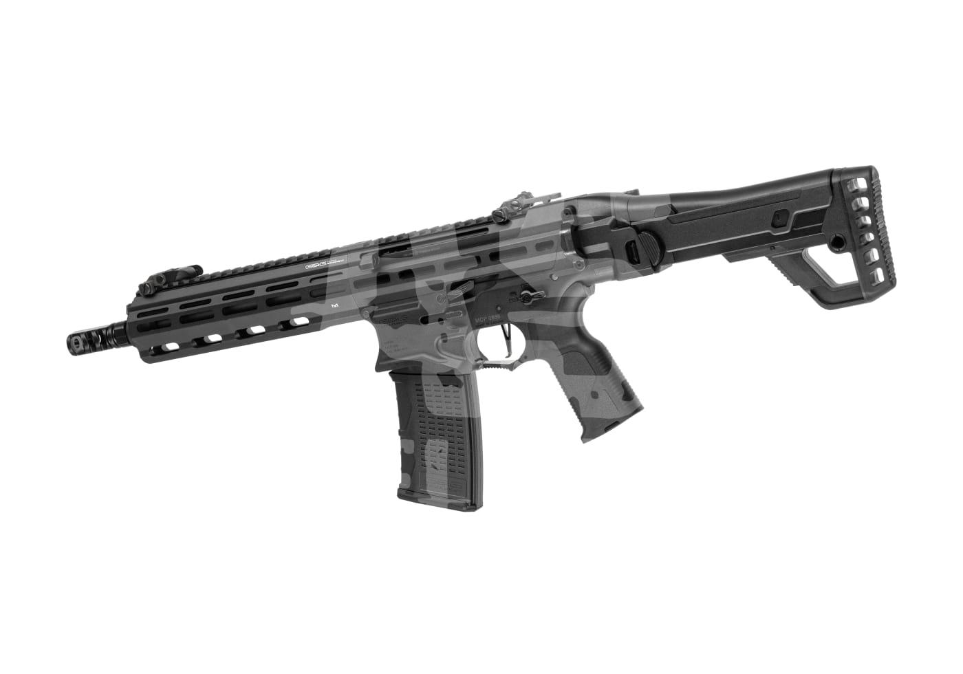 Schwarzes Airsoftgewehr mit taktischem Schaft und M-Lok-Schienen, auf weißem Hintergrund.
