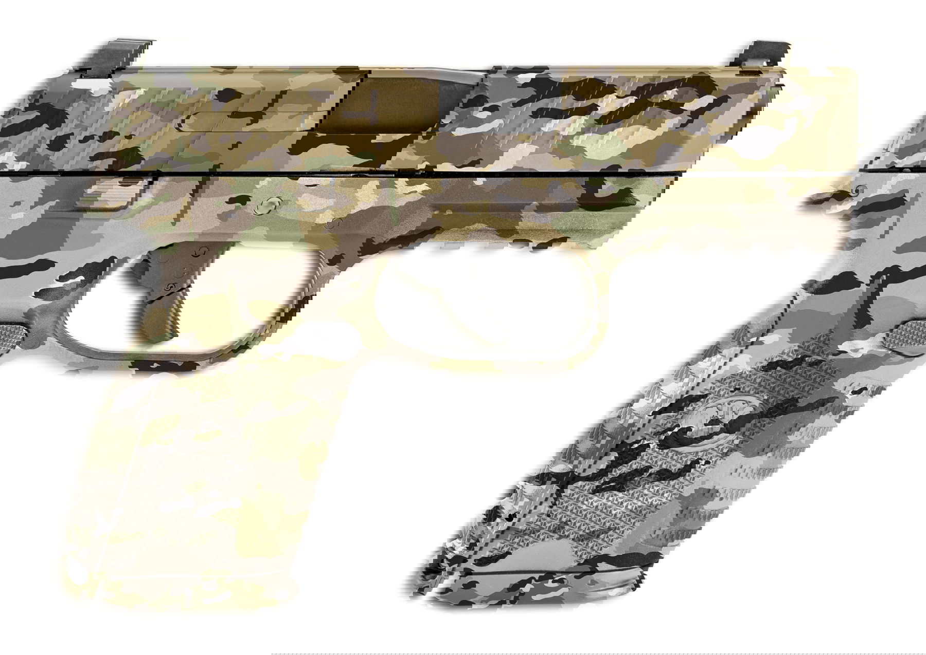 Tarnfarbene Airsoft-Pistole im modernen Camo-Design, seitliche Ansicht.