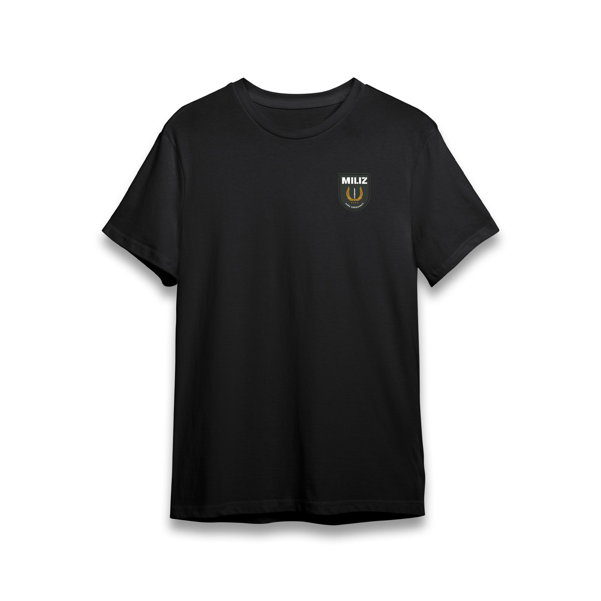 Schwarzes T-Shirt mit kleinem "MILIZ"-Logo auf der Brust für Airsoft-Fans.