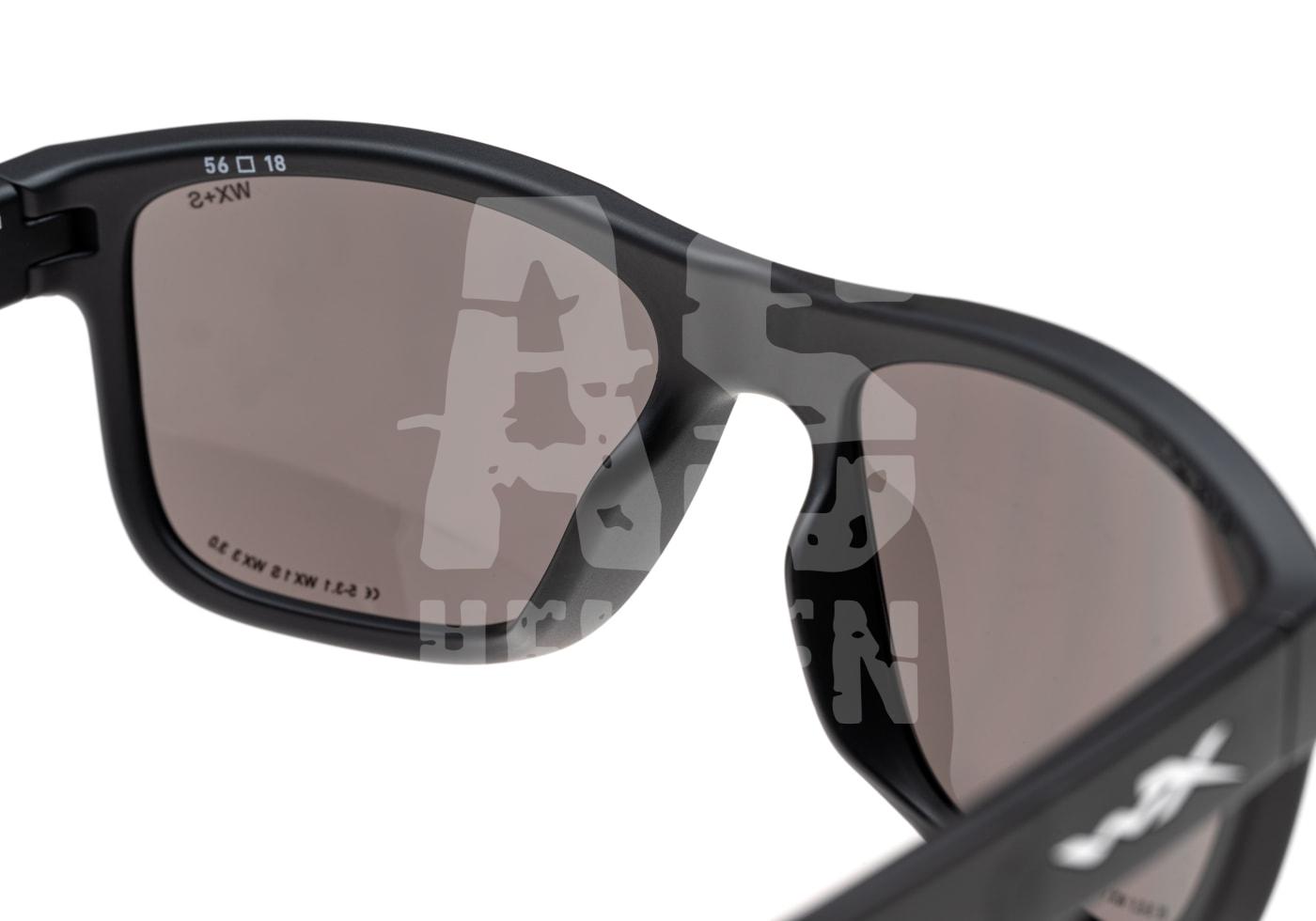 WX Ovation Grey Schwarze Schutzbrille für Airsoft mit getönten Gläsern und schwarzem Rahmen.