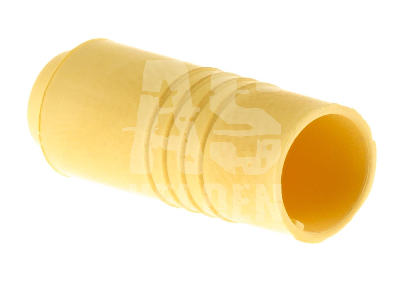 Gelbes Airsoft-Hop-Up-Gummi, zylindrische Form, seitlich liegend.