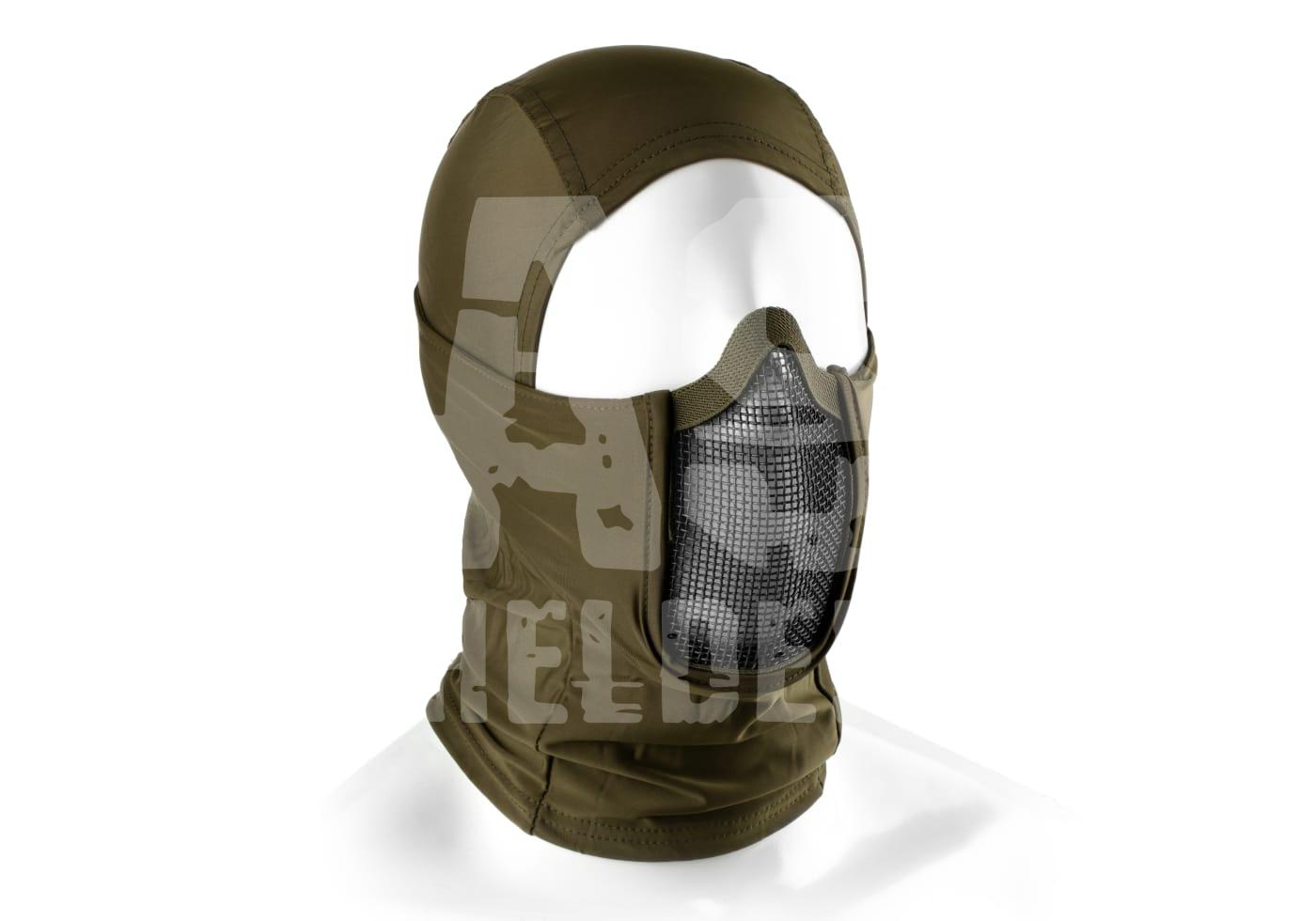 Olivegrüne Airsoft-Sturmhaube mit integriertem Mesh-Gitter für Gesichtsschutz.