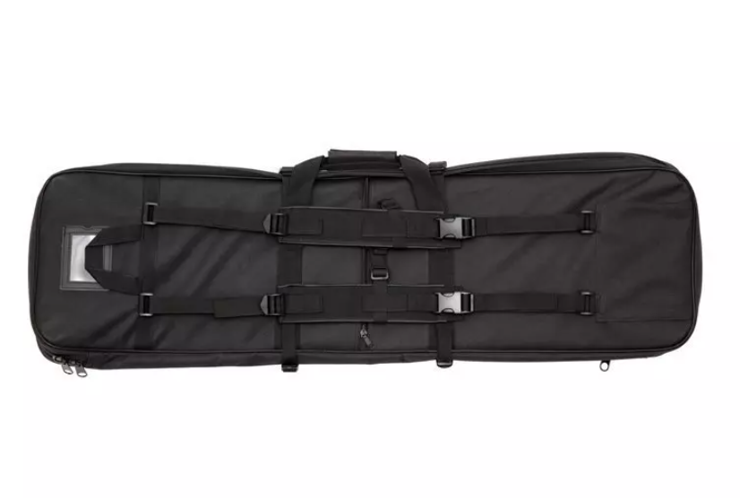Schwarze Gewehrtasche mit Tragegriffen und Schnallen zur sicheren Aufbewahrung von Airsoft-Waffen.