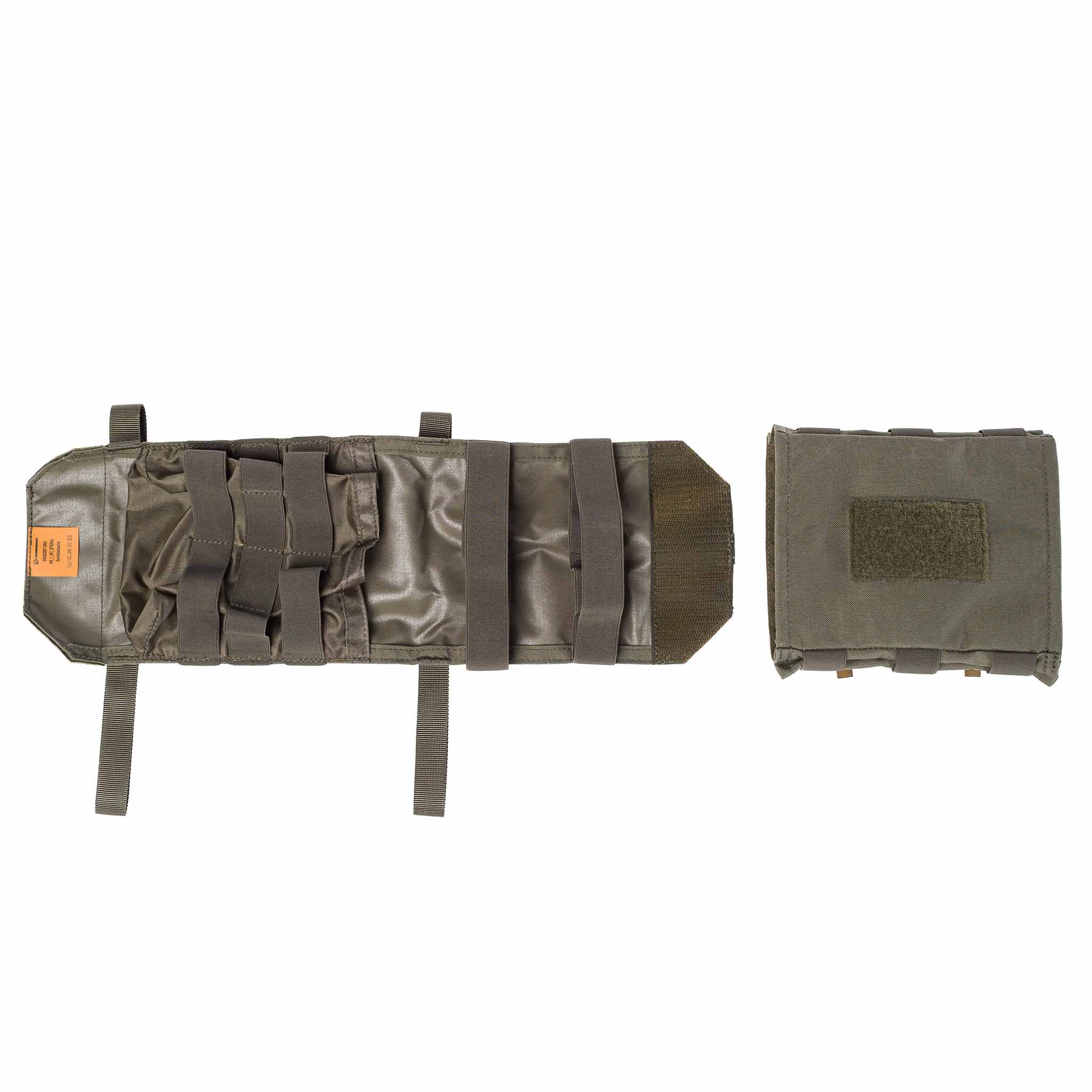 Olive Airsoft-Zubehörtasche, geöffnet und gefaltet, mit Klettverschluss und Befestigungsbändern.