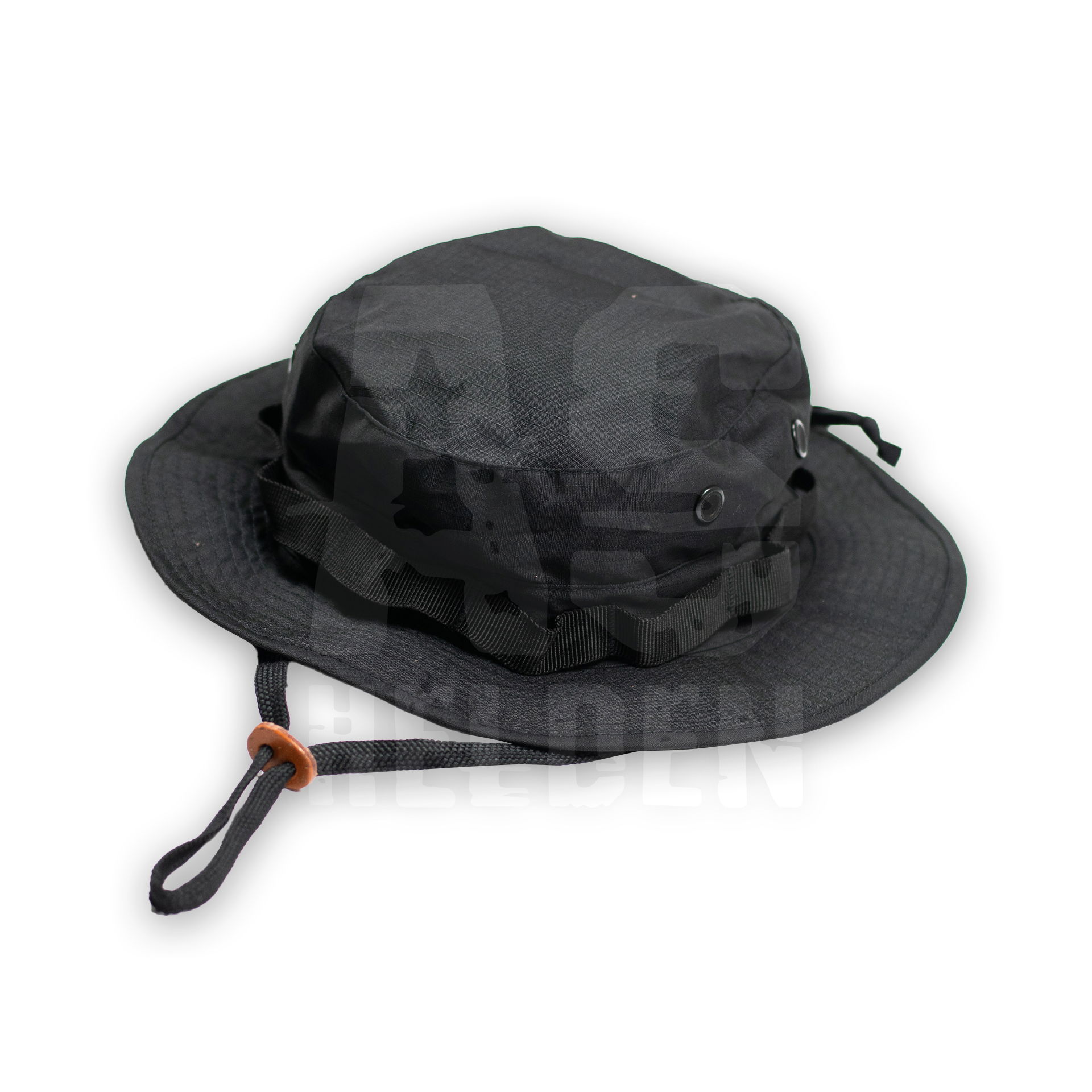 US GI DSCHUNGELHUT 'ONE SIZE' SCHWARZ Schwarzer Camouflage-Boony-Hut mit Kinnriemen, ideal für Airsoft-Aktivitäten.
