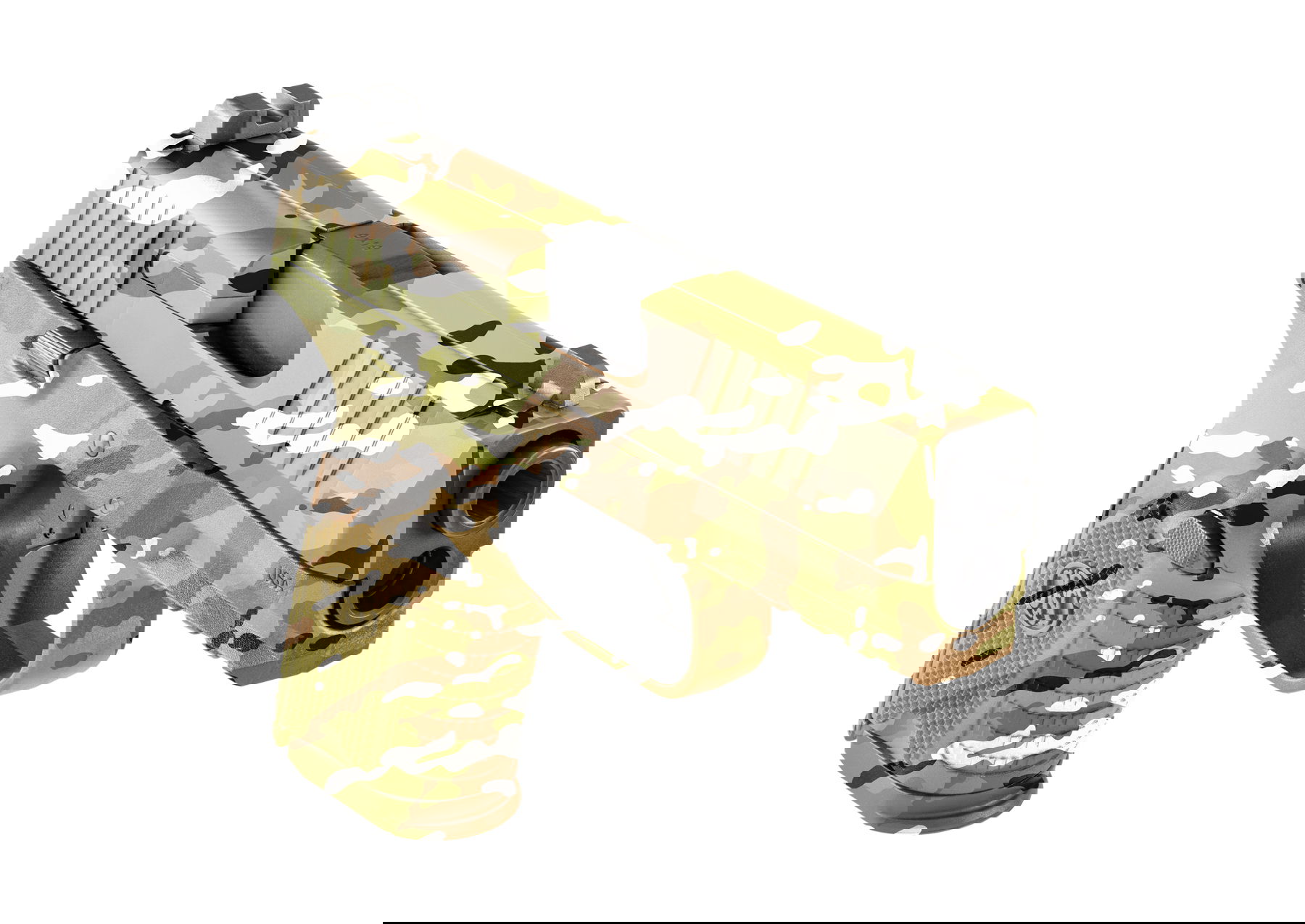 Tarnfarbene Airsoft-Pistole, ergonomischer Griff, realistisches Design für taktisches Airsoft-Spiel.