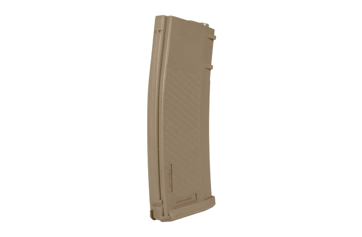 Specna Arms S-Mag Mid-Cap Magazin 125 BBs tan Braunes, langes Airsoft-Magazin für Speznas-Waffen, seitlich stehend.