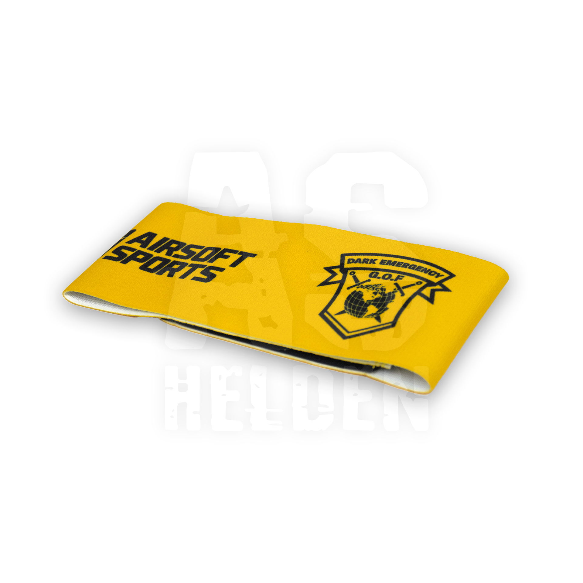 Gelbes Airsoft-Armband mit "Dark Emergency" und "Airsoft Sports" Logo.