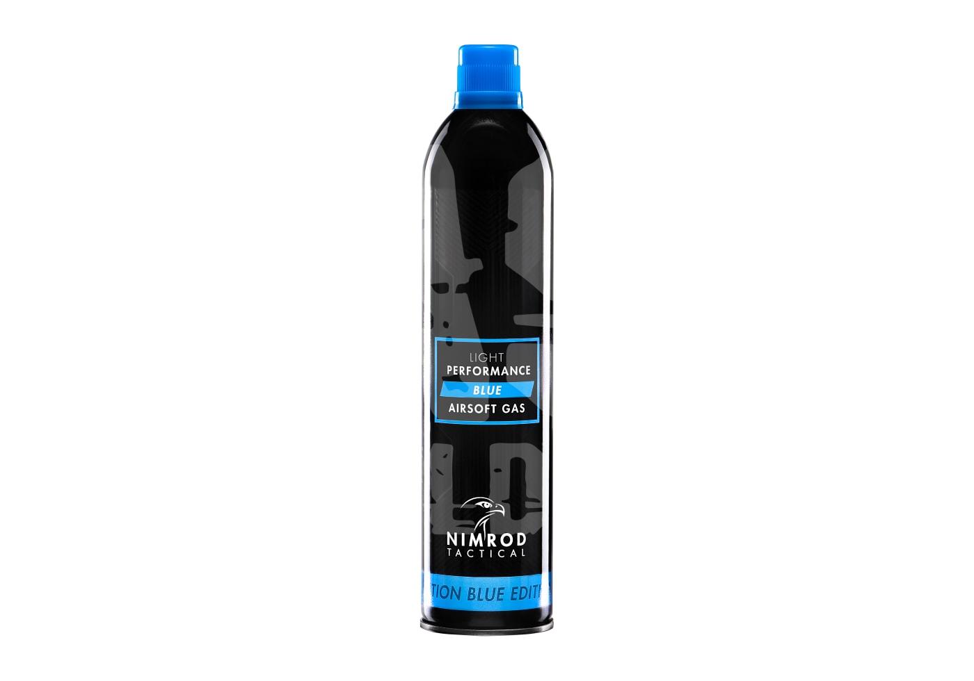 Light Performance Blue Gas 500ml Nimrod Tactical Airsoft-Gasflasche, schwarz mit blauen Akzenten, Light Performance Edition.