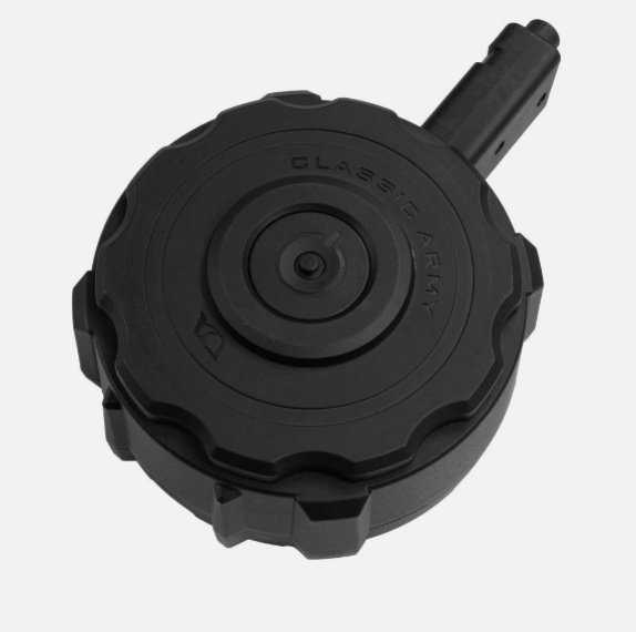 Trommelmagazin „Classic Army“ in Schwarz, passend für Airsoft-Gewehre.