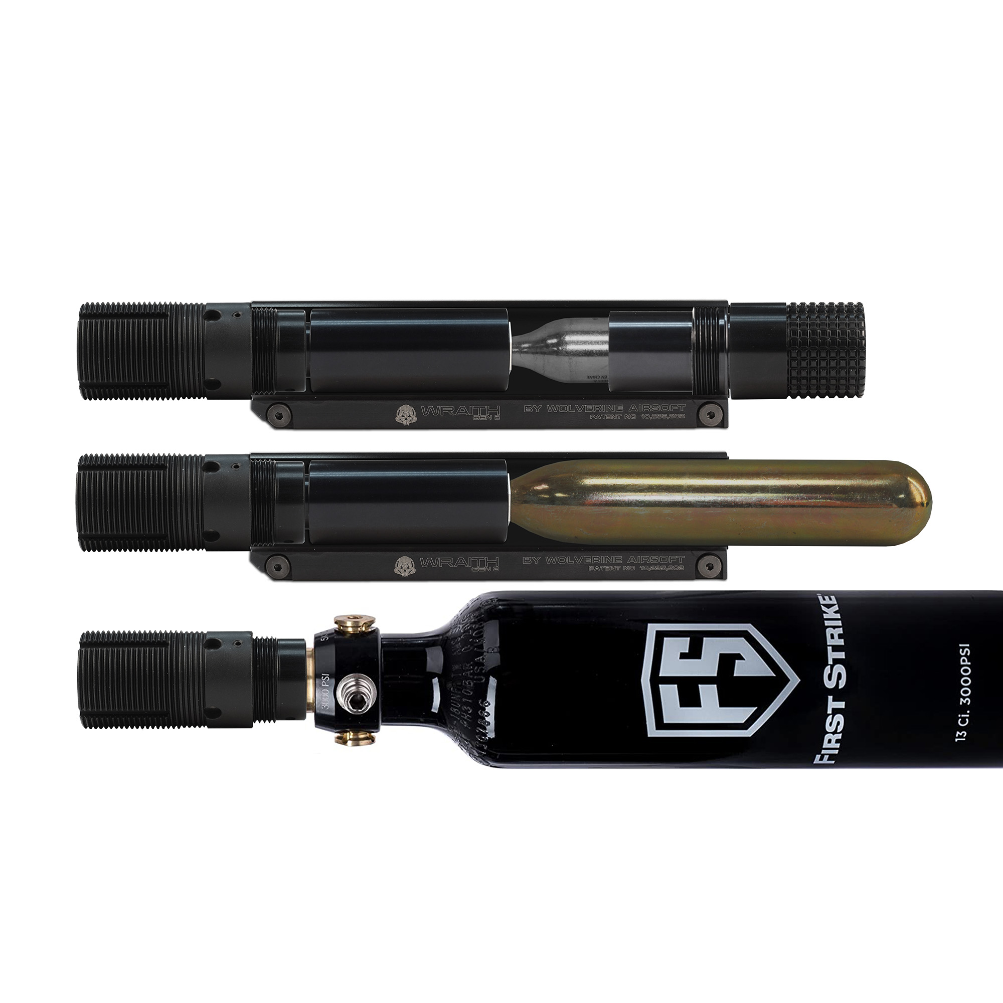 Airsoft CO2-Adapter-Set mit Tank und Cartridge, schwarz, in seitlicher Ansicht.