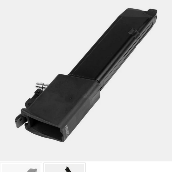 Schwarzes Airsoft-Extended-Magazin in schräger Ansicht, für Gas Blowback-Pistolen geeignet.