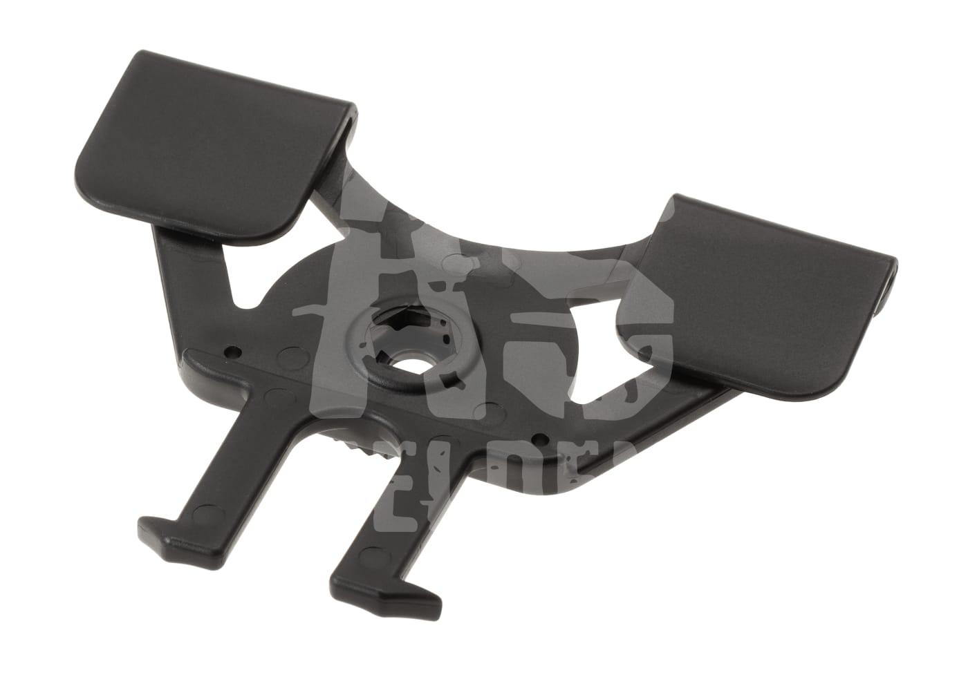 Amomax Molle Attachement Schwarz-grauer Airsoft-Helmhalter aus Kunststoff mit Befestigungspunkt in der Mitte.