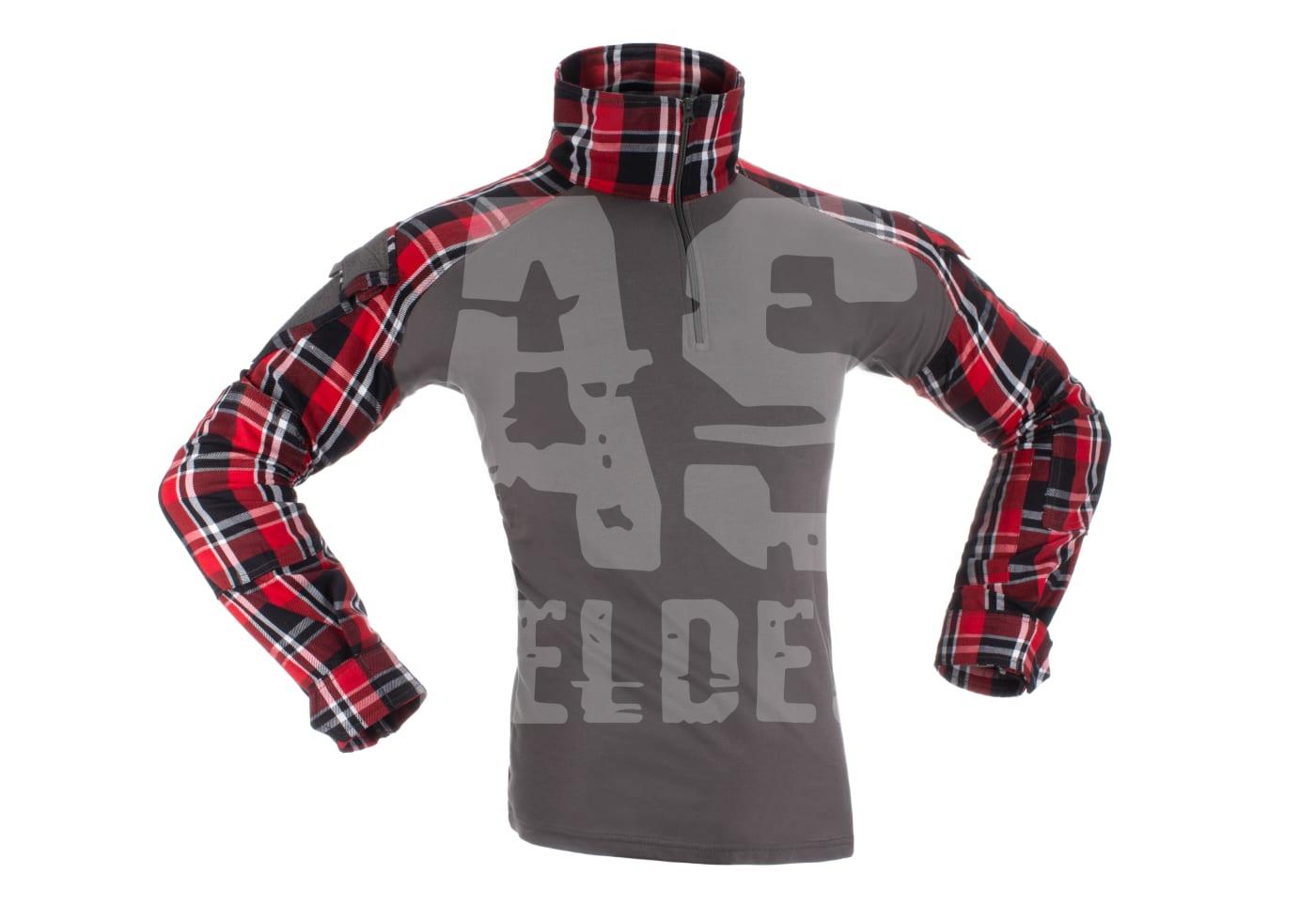 Airsoft-Shirt mit grauem Torso und rot-schwarz karierten Ärmeln, ideal für Tarnung und Komfort.