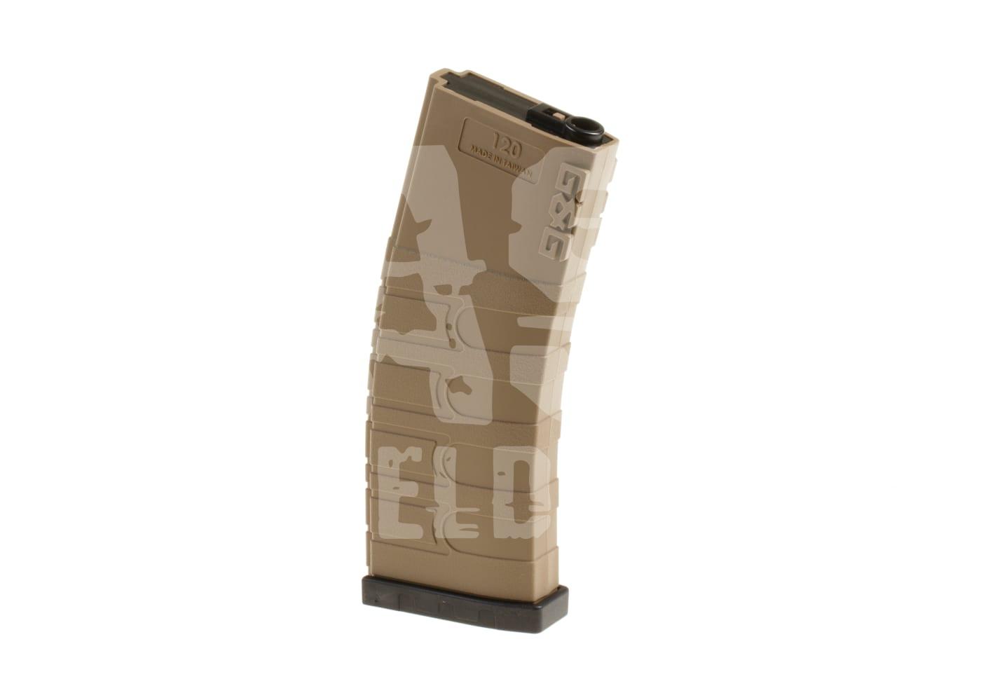 G&G Magazin M4 Midcap 120rds Tanfarbenes Airsoft-Magazin mit Camo-Muster für 120 BBs, Seitenansicht.