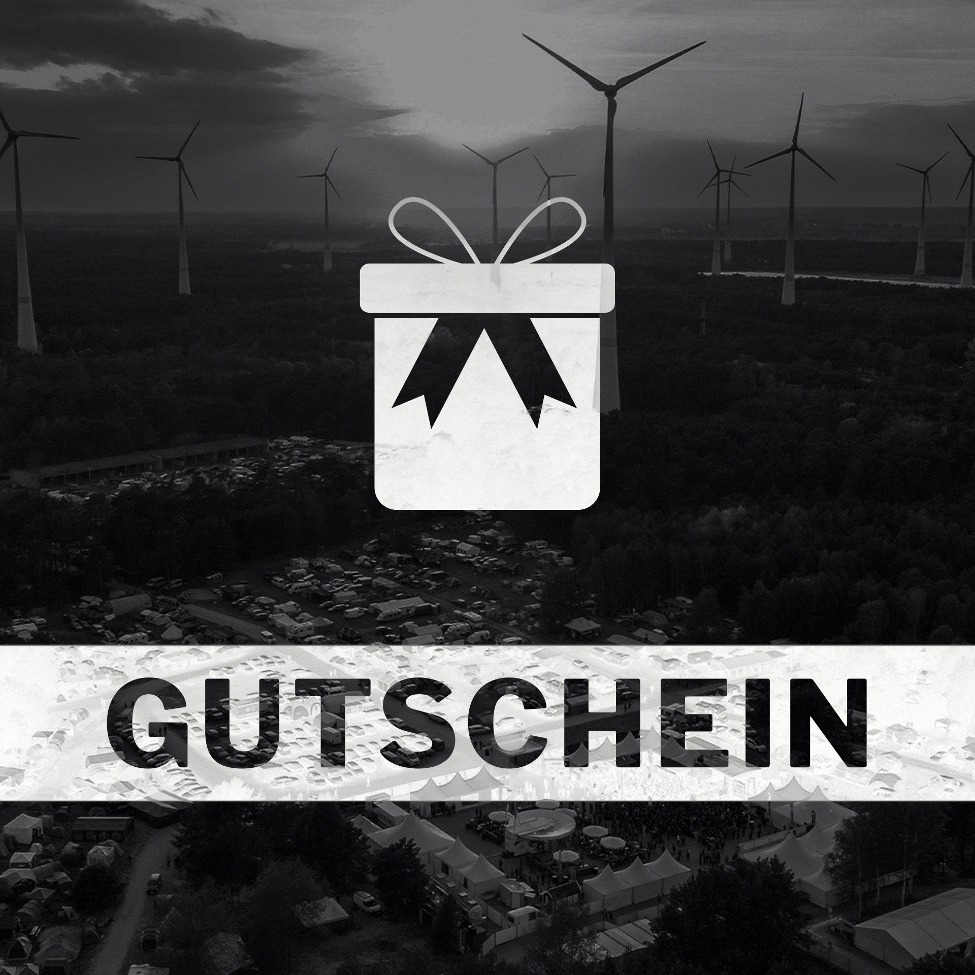Schwarzweiß-Szene mit Windrädern und Geschenk-Symbol, Schriftzug "Gutschein" im Vordergrund.
