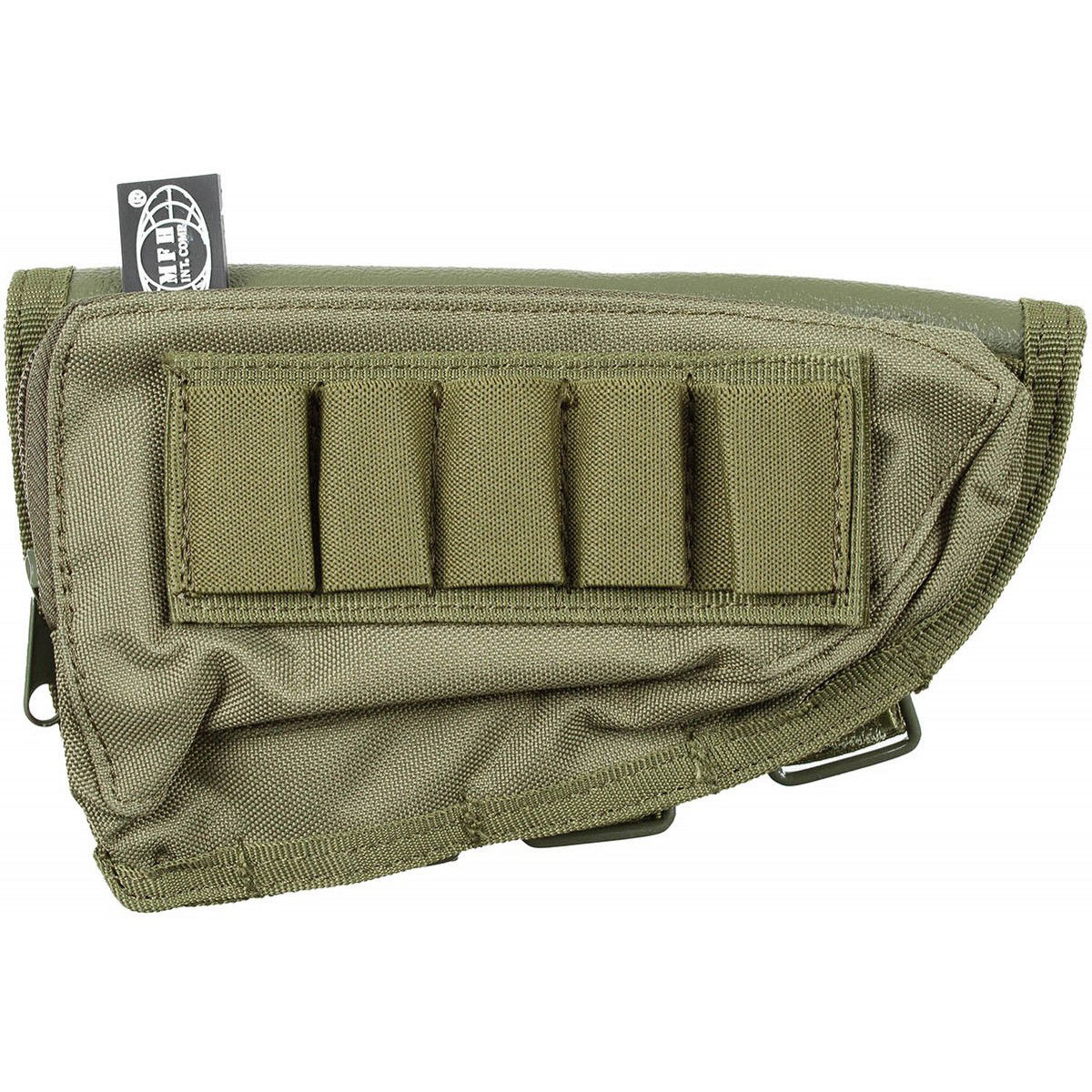 Olivegrüne Airsoft-Gewehrtasche mit Munitionsschlaufen und Reißverschluss.