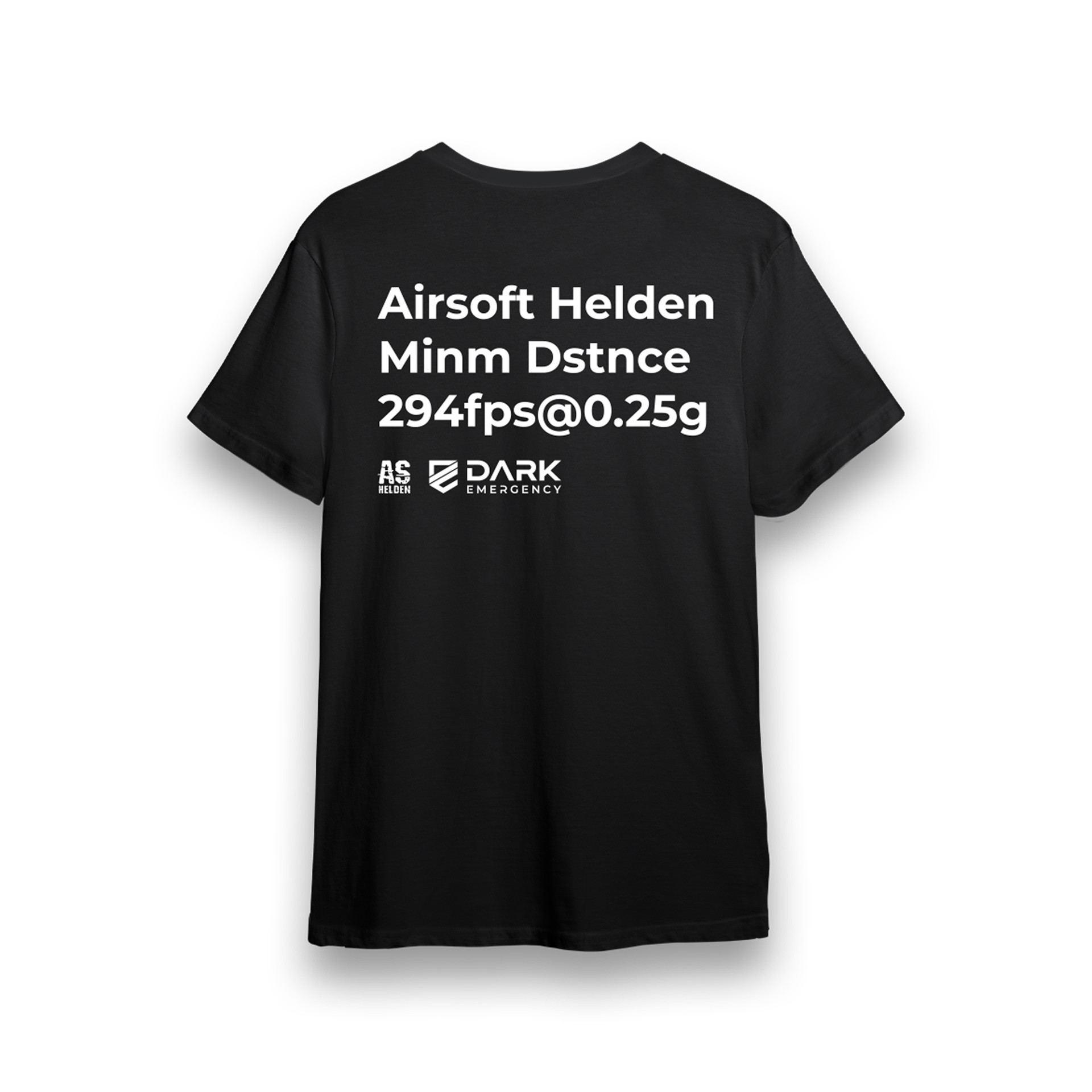 Schwarzes T-Shirt mit Airsoft-Aufdruck "Airsoft Helden Minm Dstnce 294fps@0.25g" und Logos.