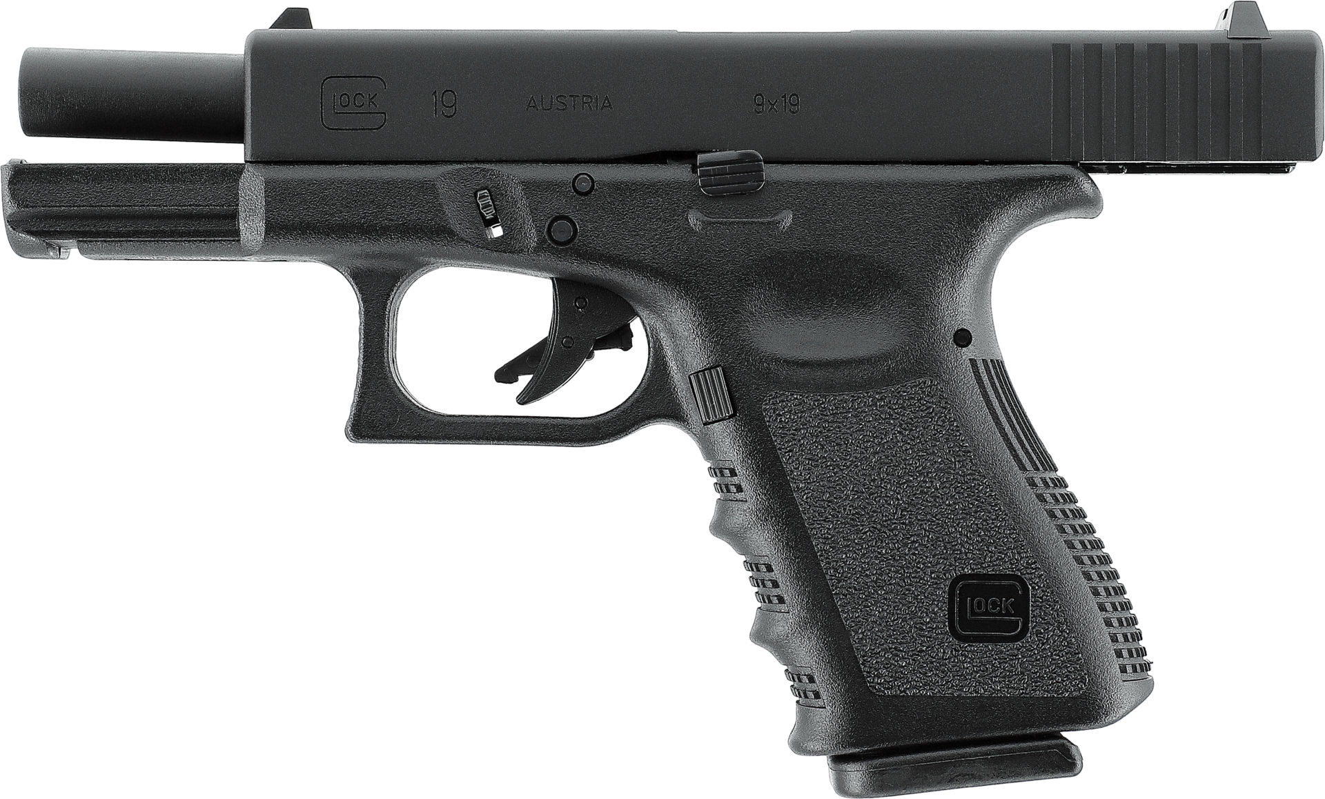 Schwarze Airsoft-Pistole, ähnelt einer Glock 19, seitliche Ansicht, detaillierte Struktur.